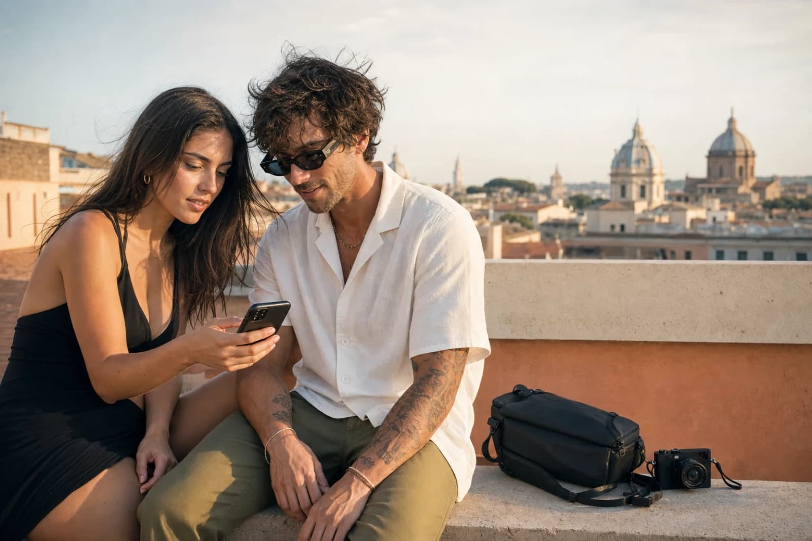 Due creator controllano i contenuti dal telefono dopo uno shooting a Roma
