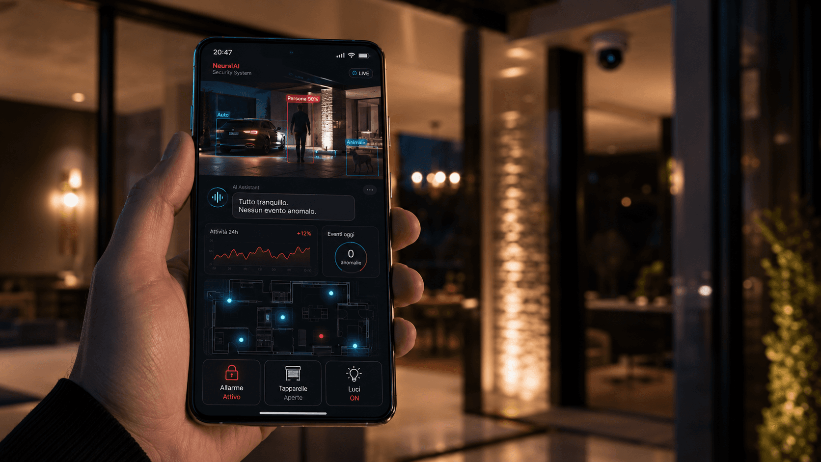 Smartphone con dashboard AI del sistema di sicurezza domotica locale