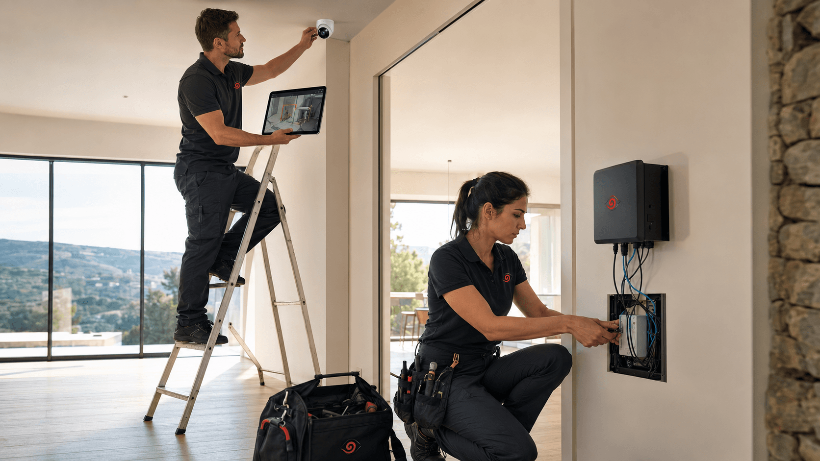 Tecnici Digital Sisofo che installano telecamera e server durante il collaudo in villa