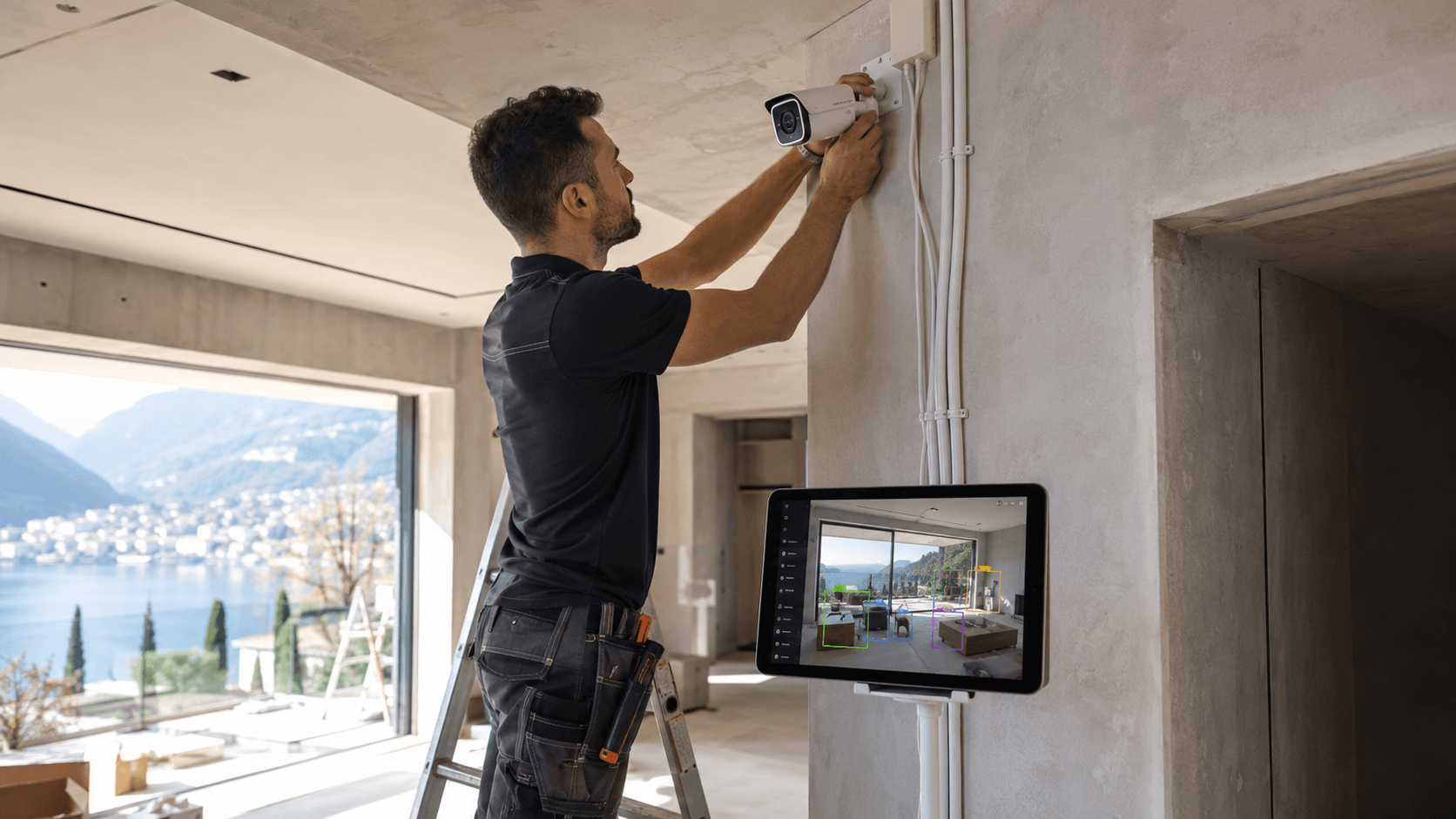 Tecnico Digital Sisofo che installa una telecamera AI in cantiere durante la costruzione