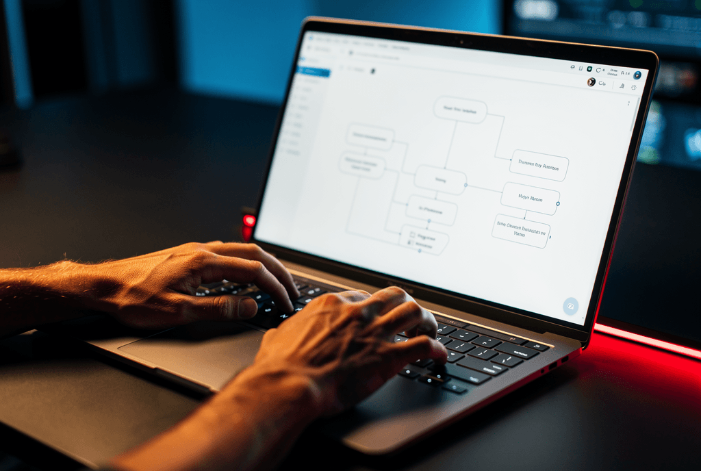 Mani su laptop con un workflow n8n a nodi sullo schermo