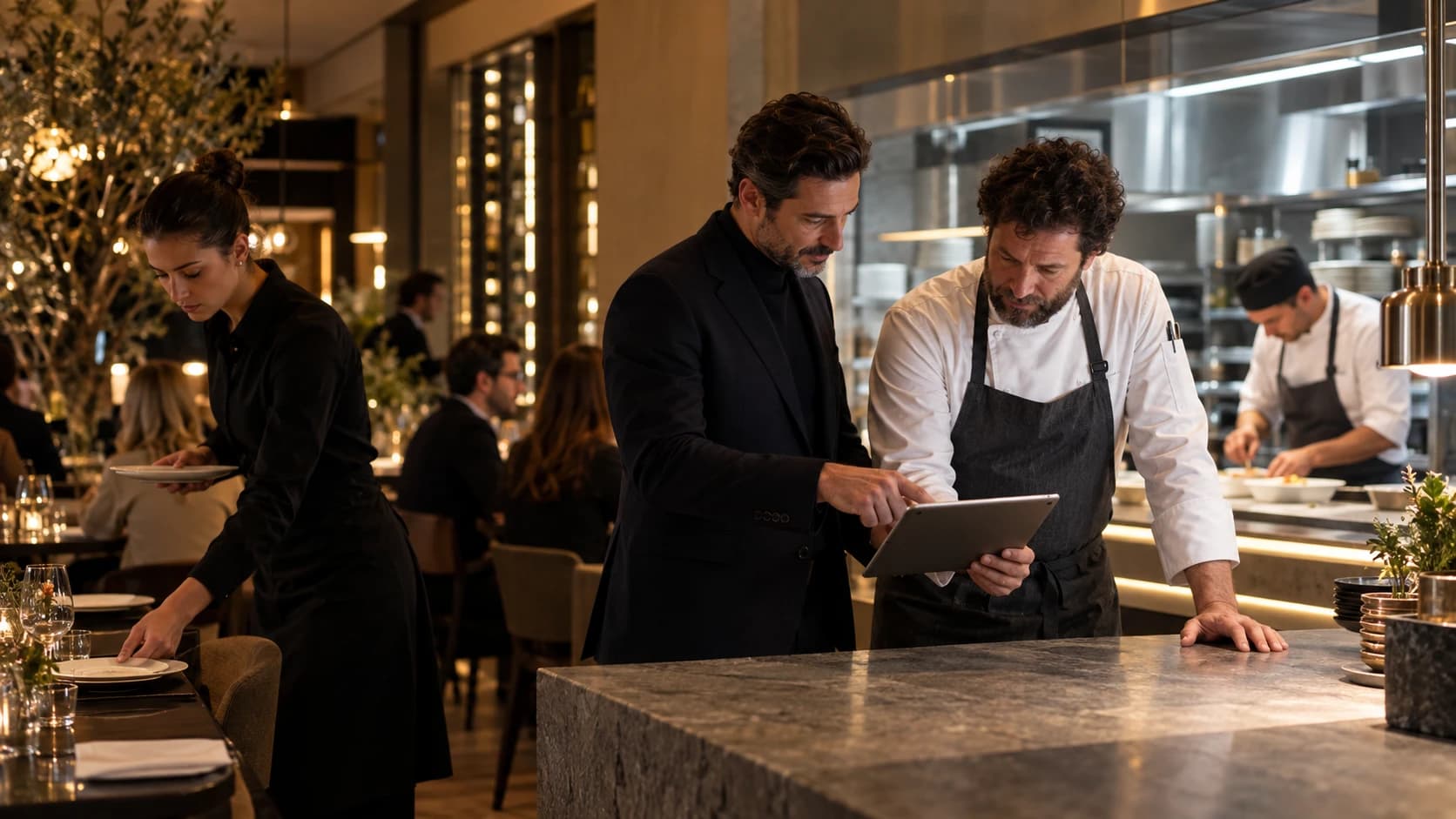 Ristoratore e chef consultano un tablet durante il servizio