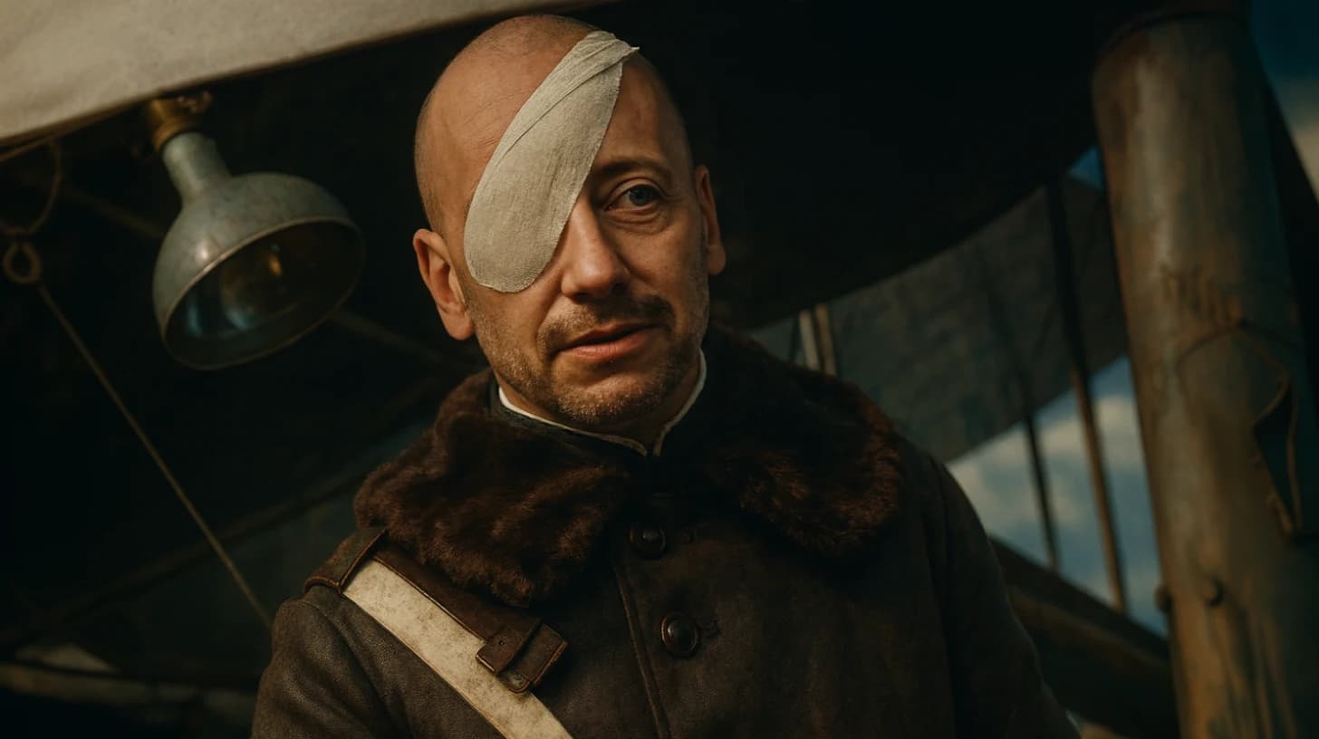 D’Annunzio aviatore con l’occhio bendato, ricostruzione cinematografica del secondo progetto