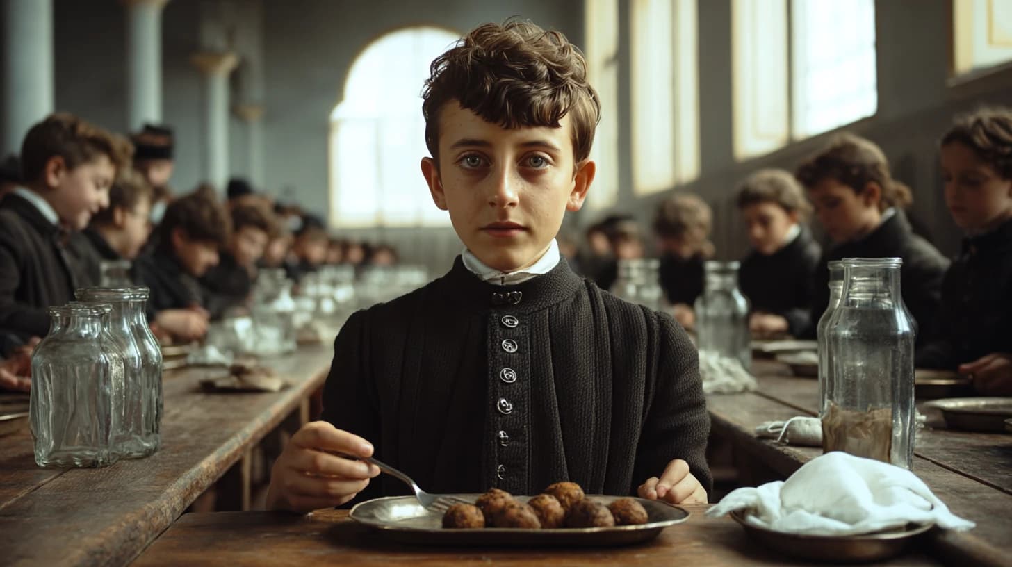 D’Annunzio ragazzo nel refettorio del collegio, ricostruzione cinematografica AI