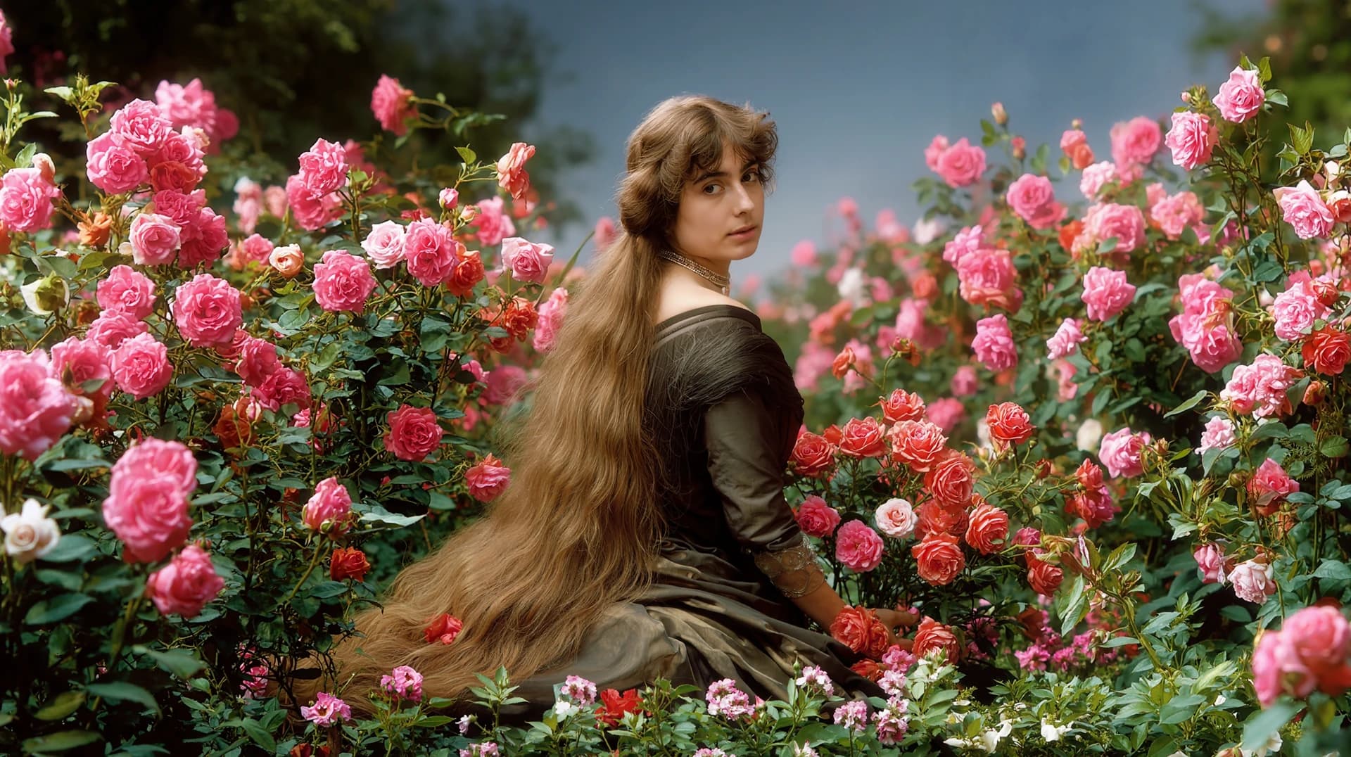 Una protagonista del film dai lunghi capelli, in abito scuro fra le rose rosa