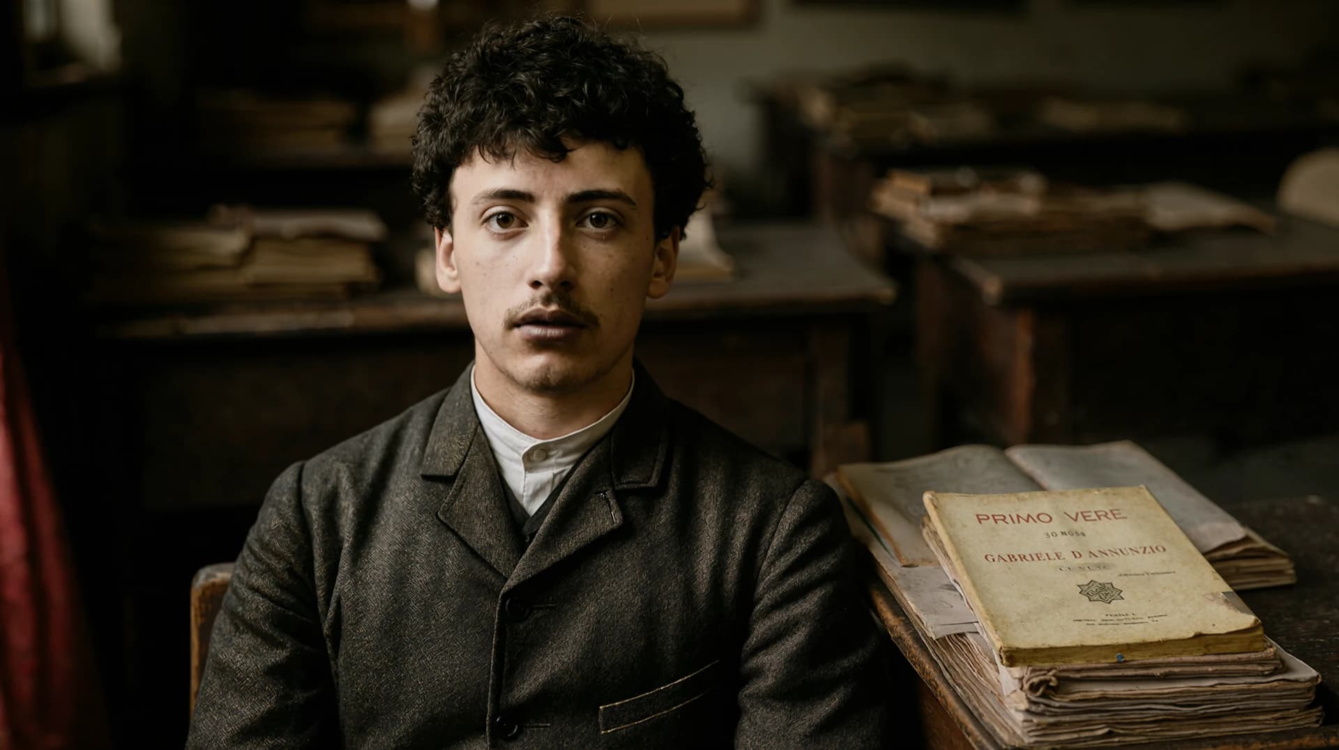 Il giovane D’Annunzio ricostruito a colori in un ambiente di libri e carte