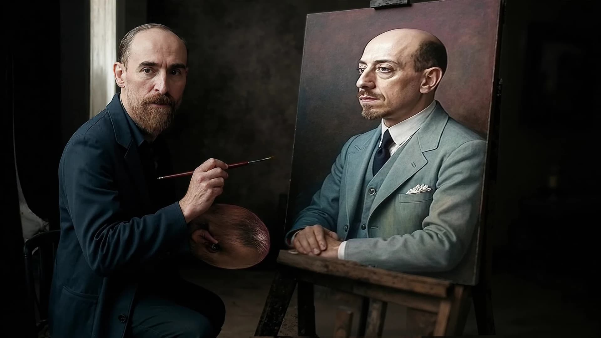Francesco Paolo Michetti e Gabriele d’Annunzio in uno studio di pittura, scena ricostruita con AI