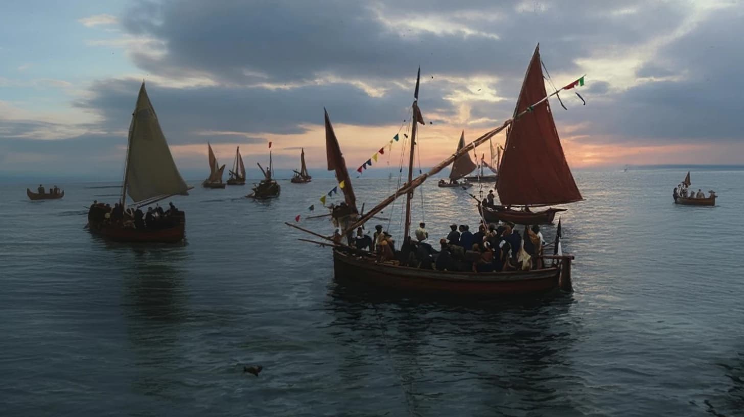 Ricostruzione cinematografica di barche a vela e persone sull’Adriatico al tramonto