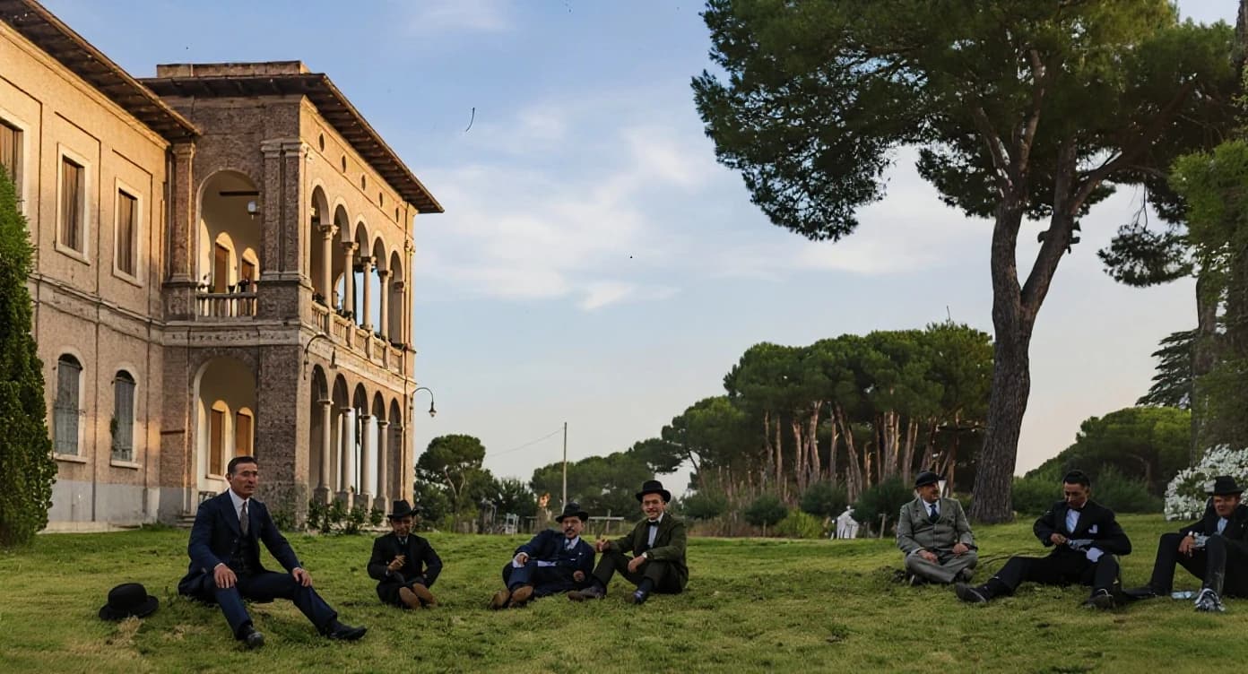 Ricostruzione a colori del Kursaal e del grande pino con un gruppo di uomini seduti sul prato