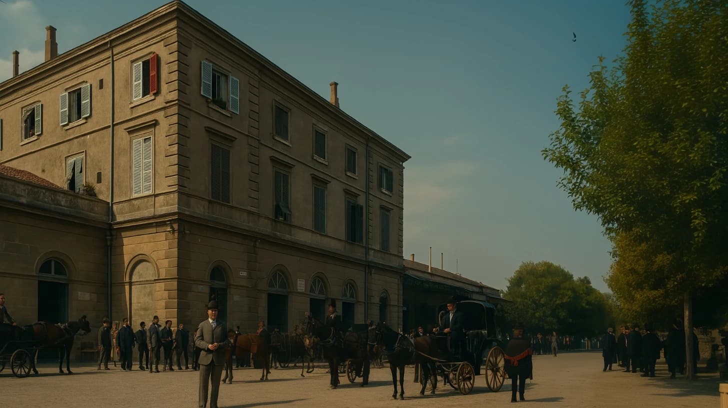 Ricostruzione cinematografica della piazza della stazione, con l’edificio d’angolo a colori