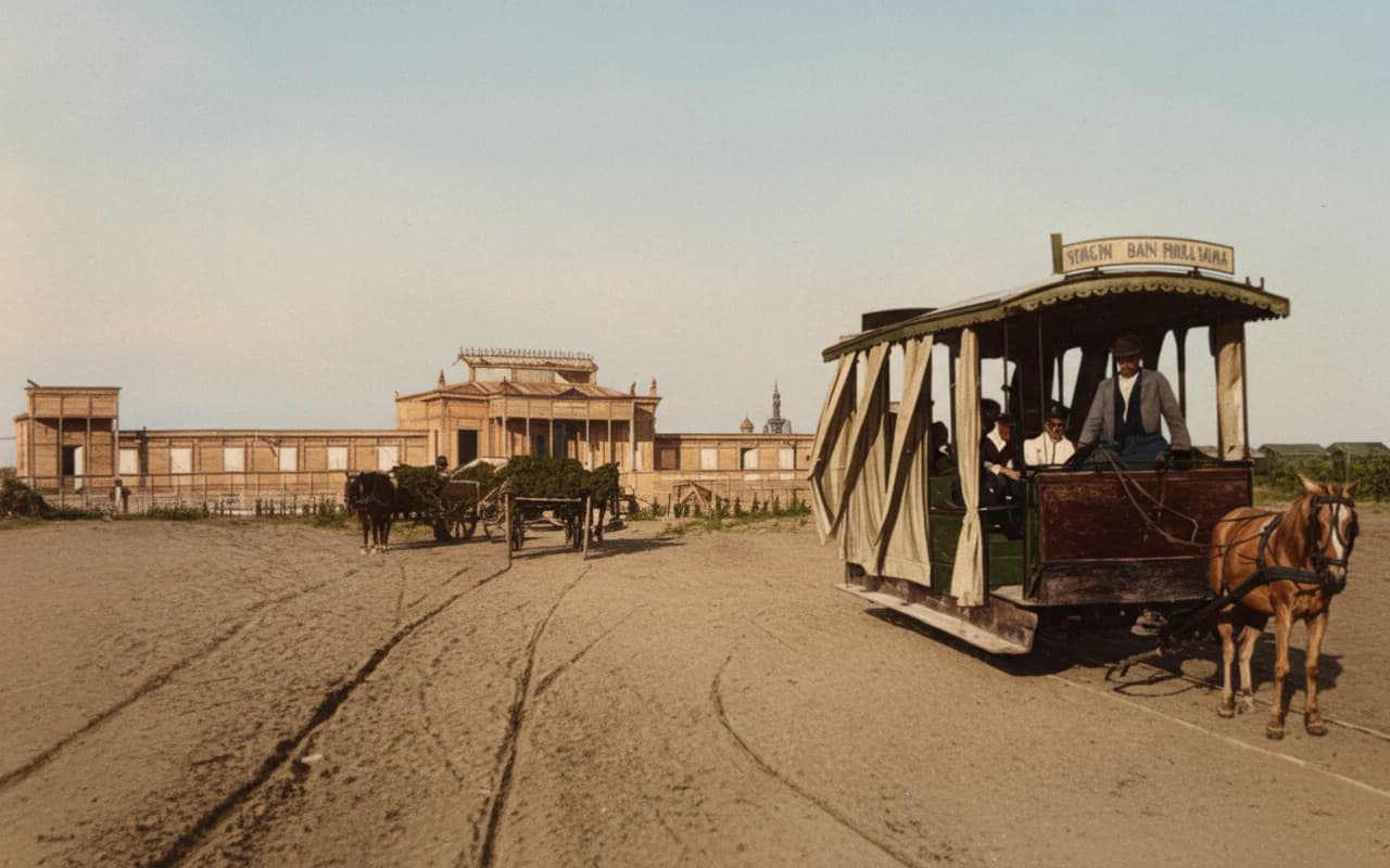 Ricostruzione a colori del tram a cavalli e dello stabilimento sullo sfondo