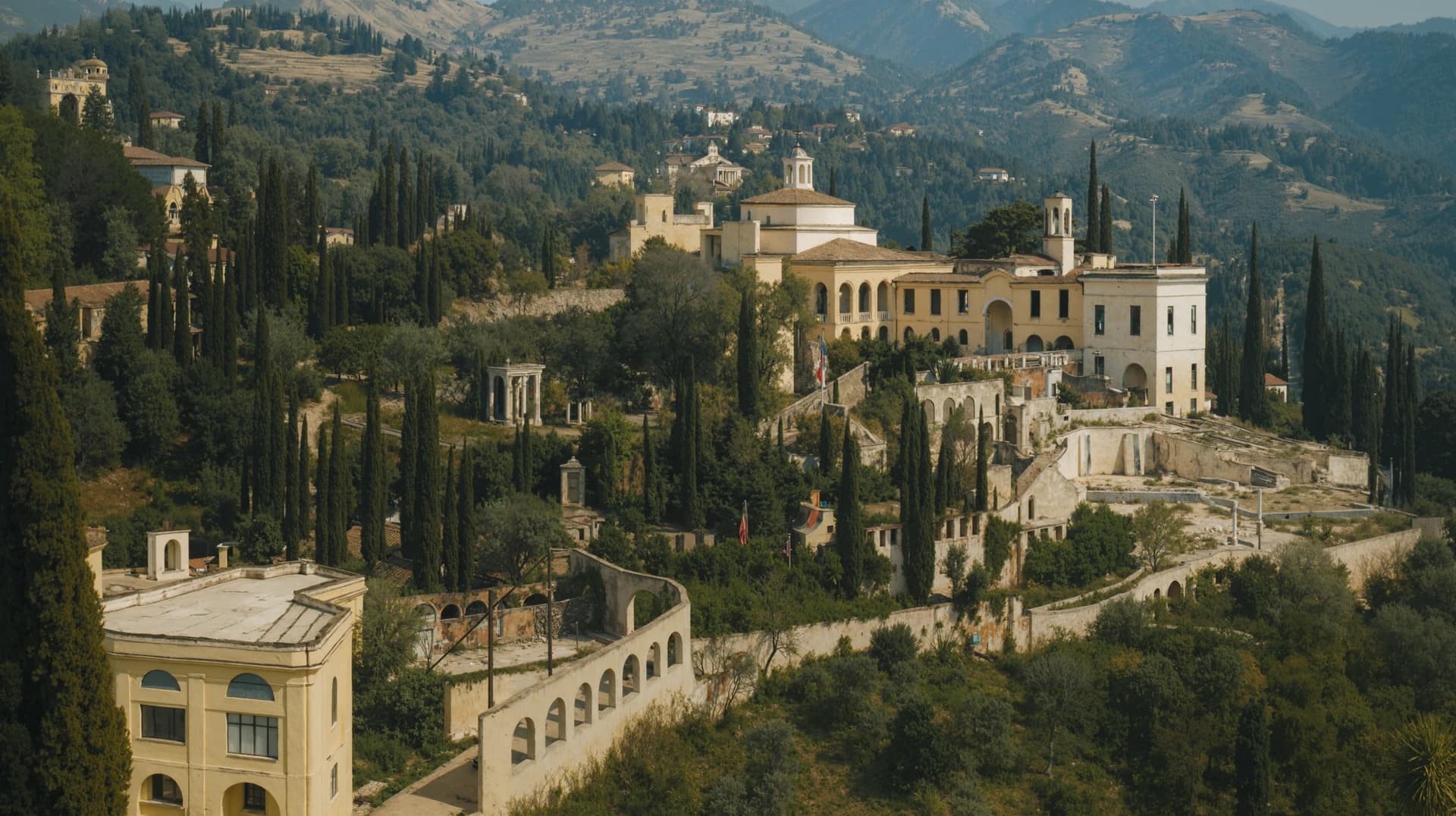 Veduta del Vittoriale tra giardini e architetture, immagine del progetto rielaborata con AI