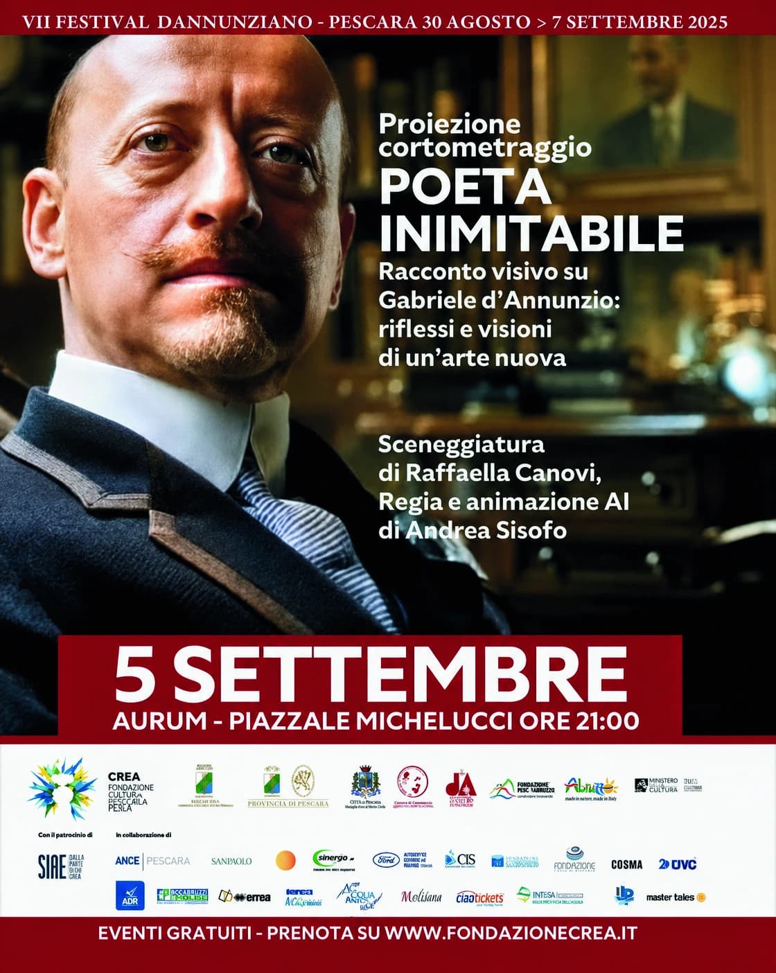 Locandina ufficiale di Poeta inimitabile, Festival Dannunziano, 5 settembre 2025 all’Aurum di Pescara. Sceneggiatura Raffaella Canovi, regia e animazione AI Andrea Sisofo.