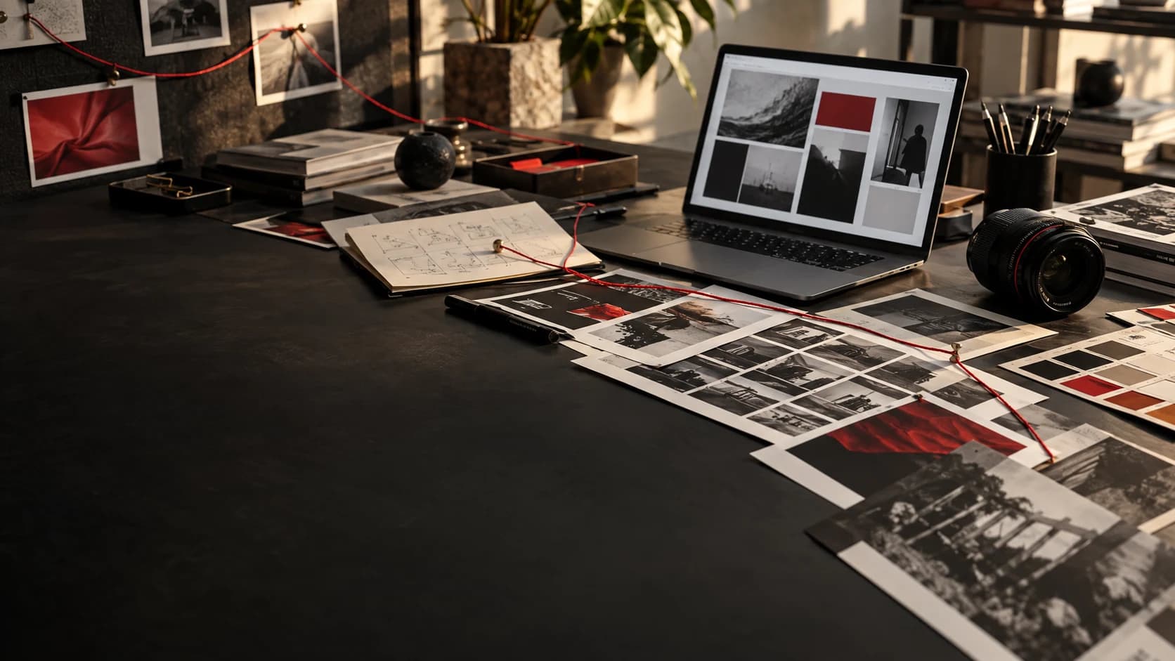 Materiali di strategia, storyboard e produzione creativa collegati dal filo rosso