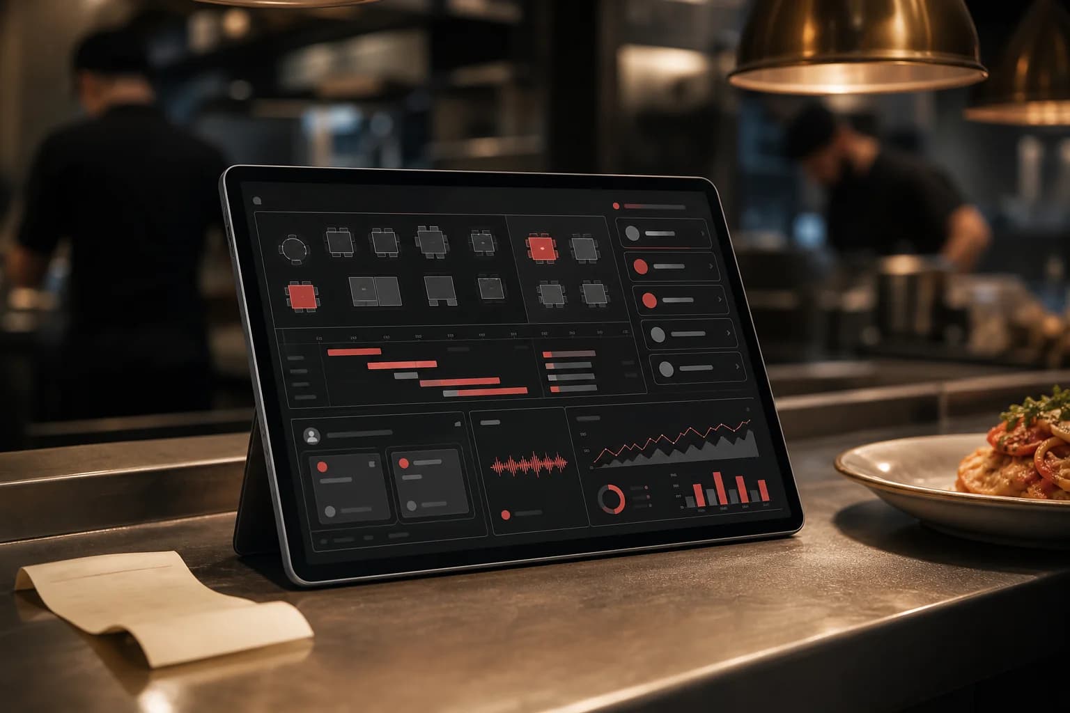 Dashboard RistoUno su tablet con sala, prenotazioni, Sofia AI e analisi operative
