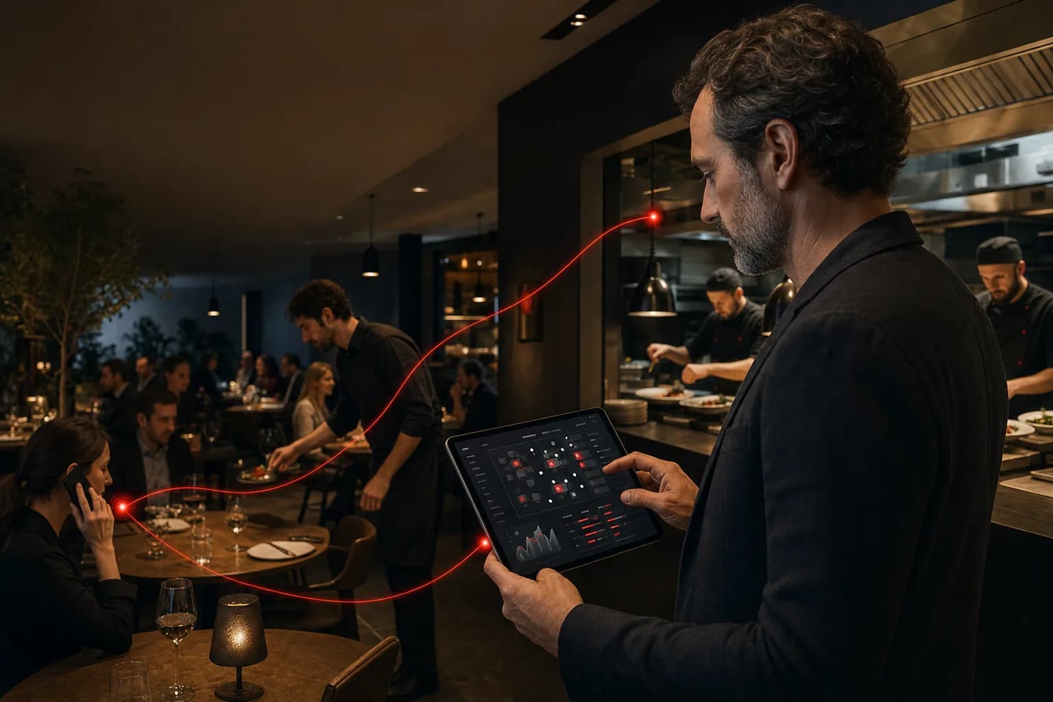 Un ristoratore coordina sala e cucina da un tablet durante il servizio serale