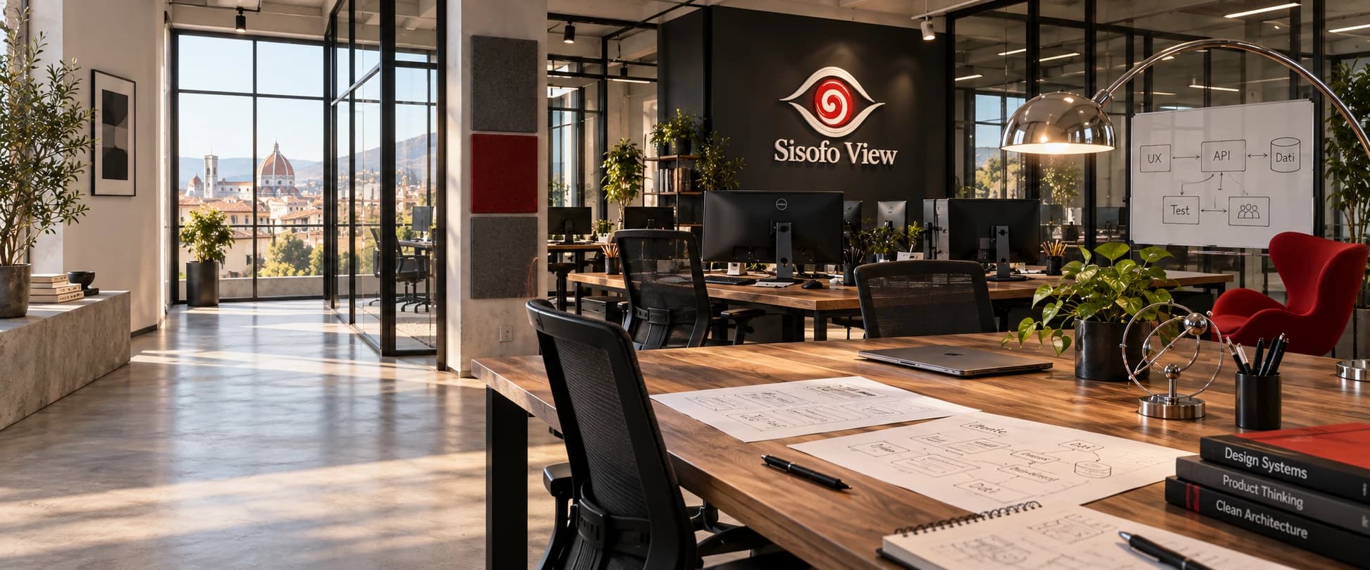 Visual di uno studio software contemporaneo con arredi di design e marchio Digital Sisofo