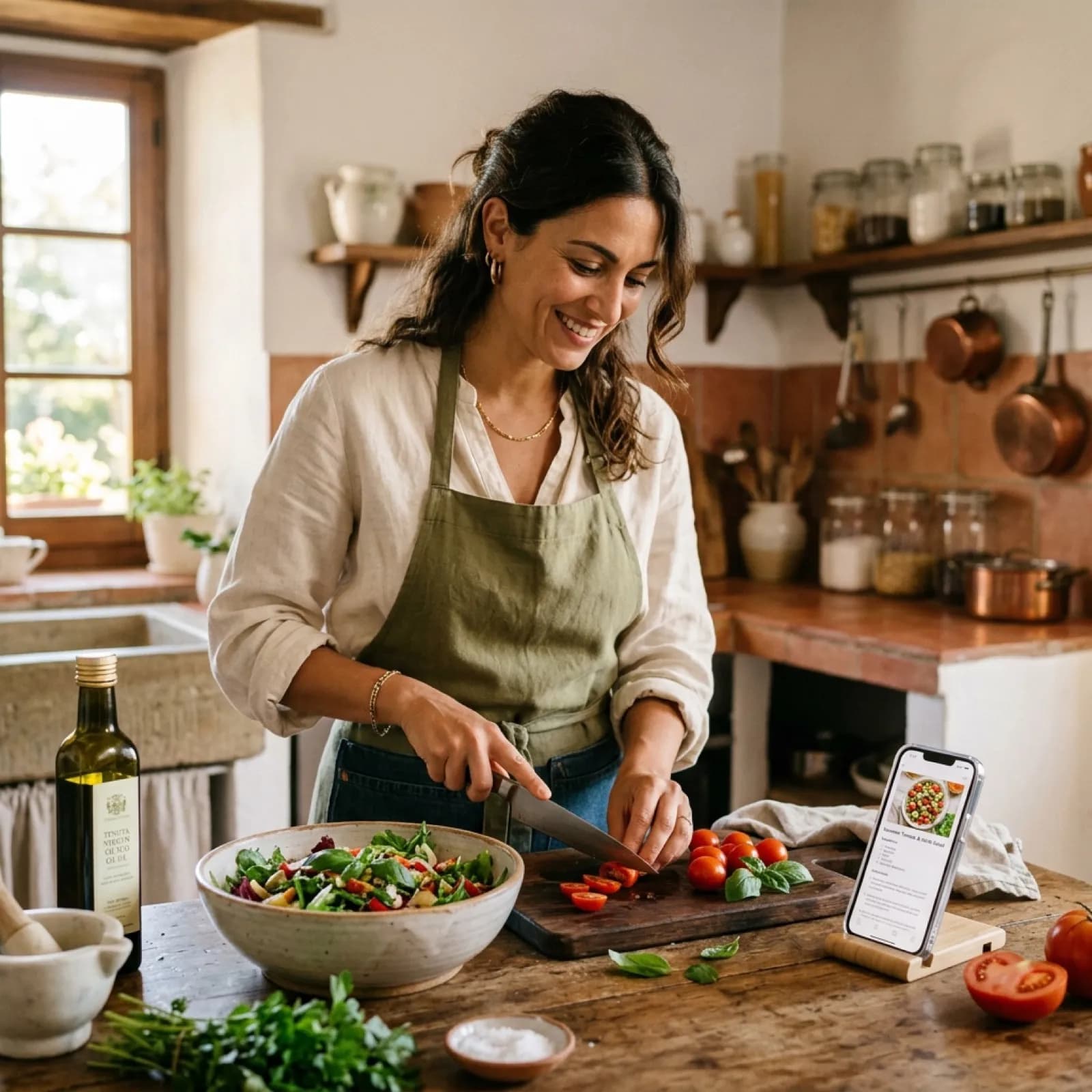 Persona che cucina ingredienti freschi con lo smartphone vicino