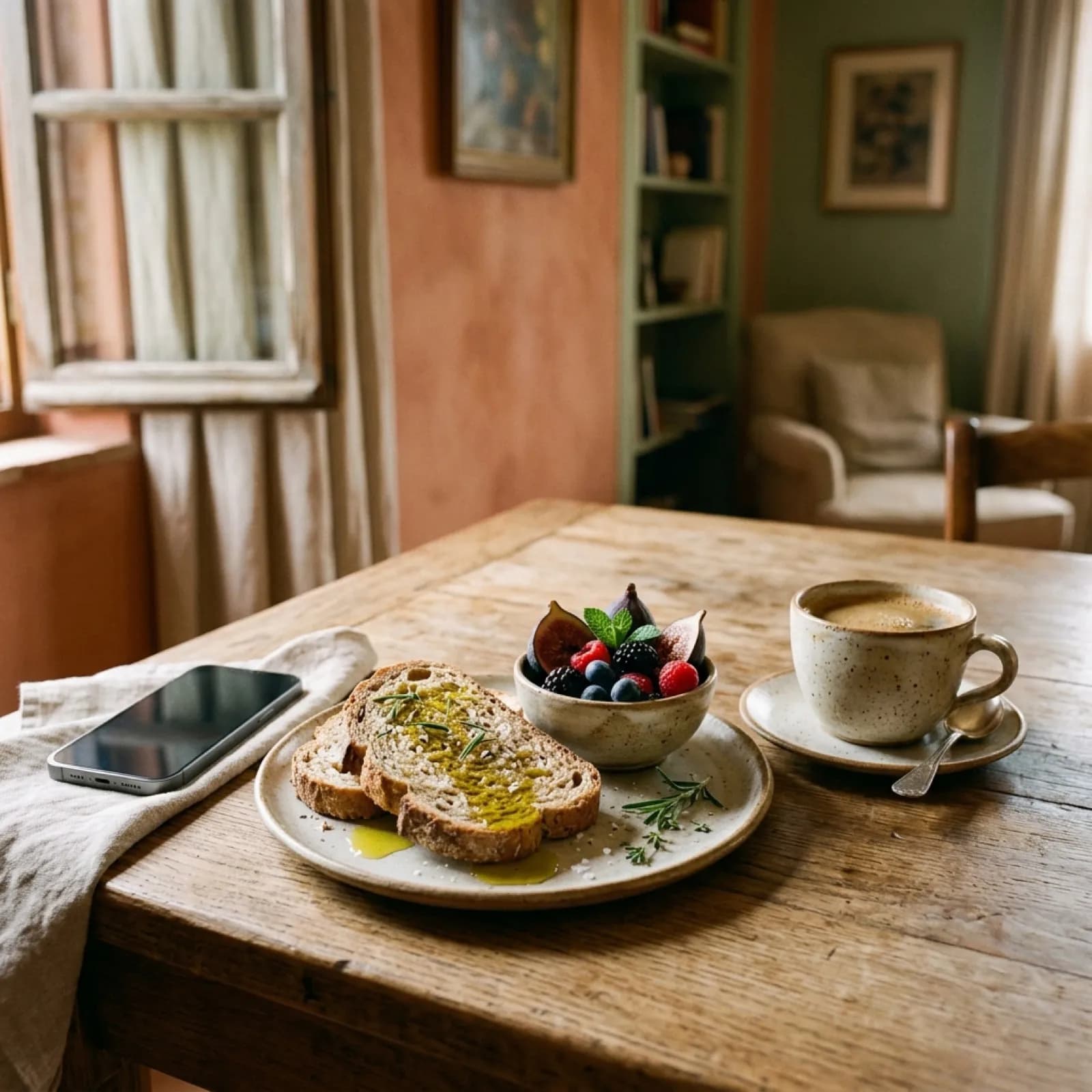 Colazione mediterranea con smartphone su un tavolo luminoso