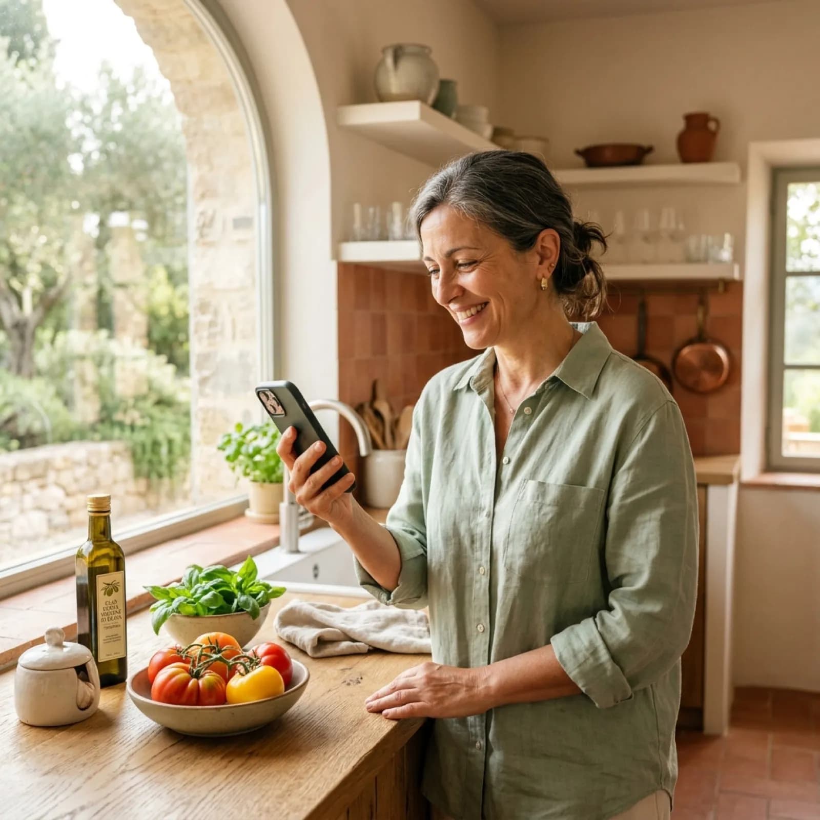 Persona in cucina che usa Salus sullo smartphone