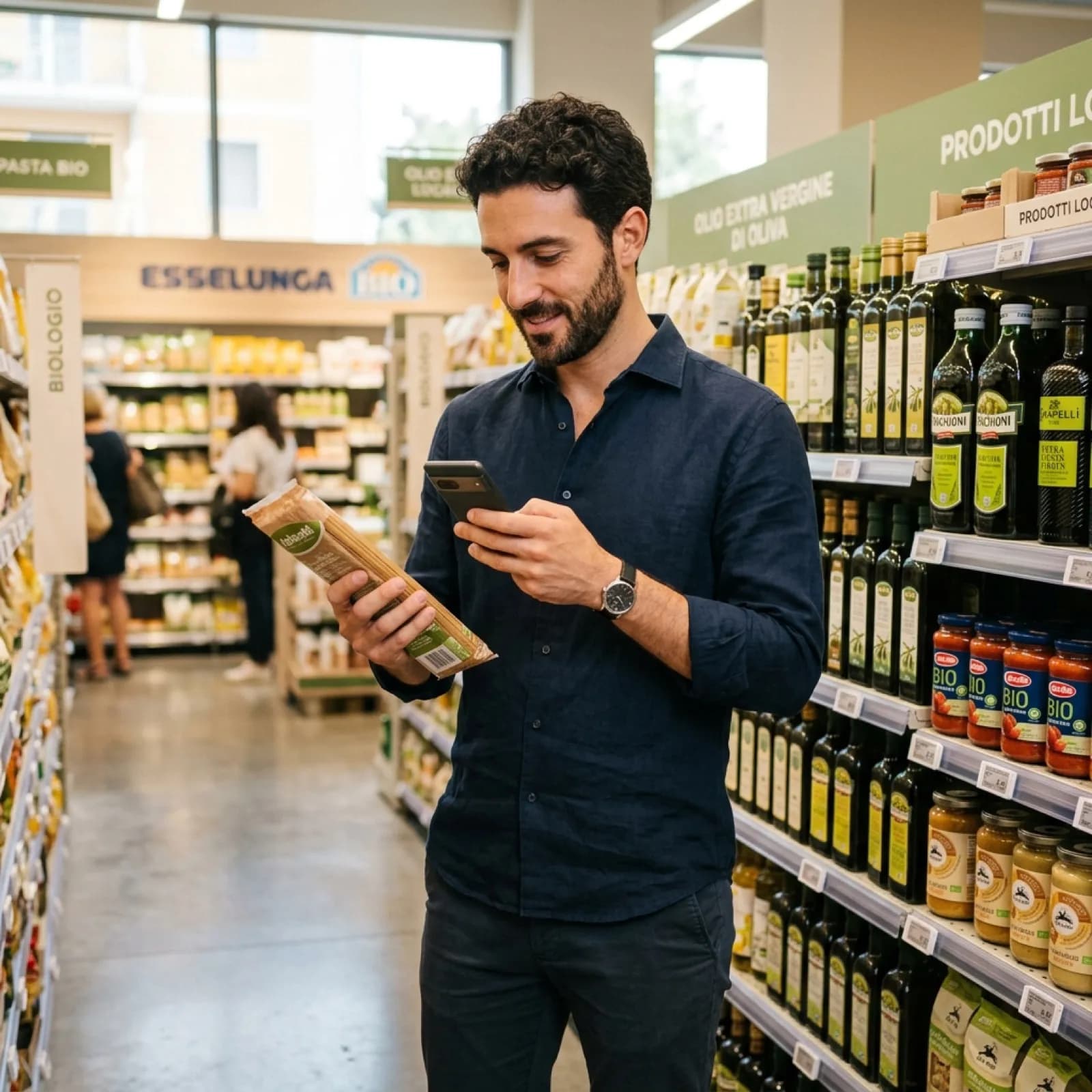 Persona al supermercato che controlla un prodotto con lo smartphone