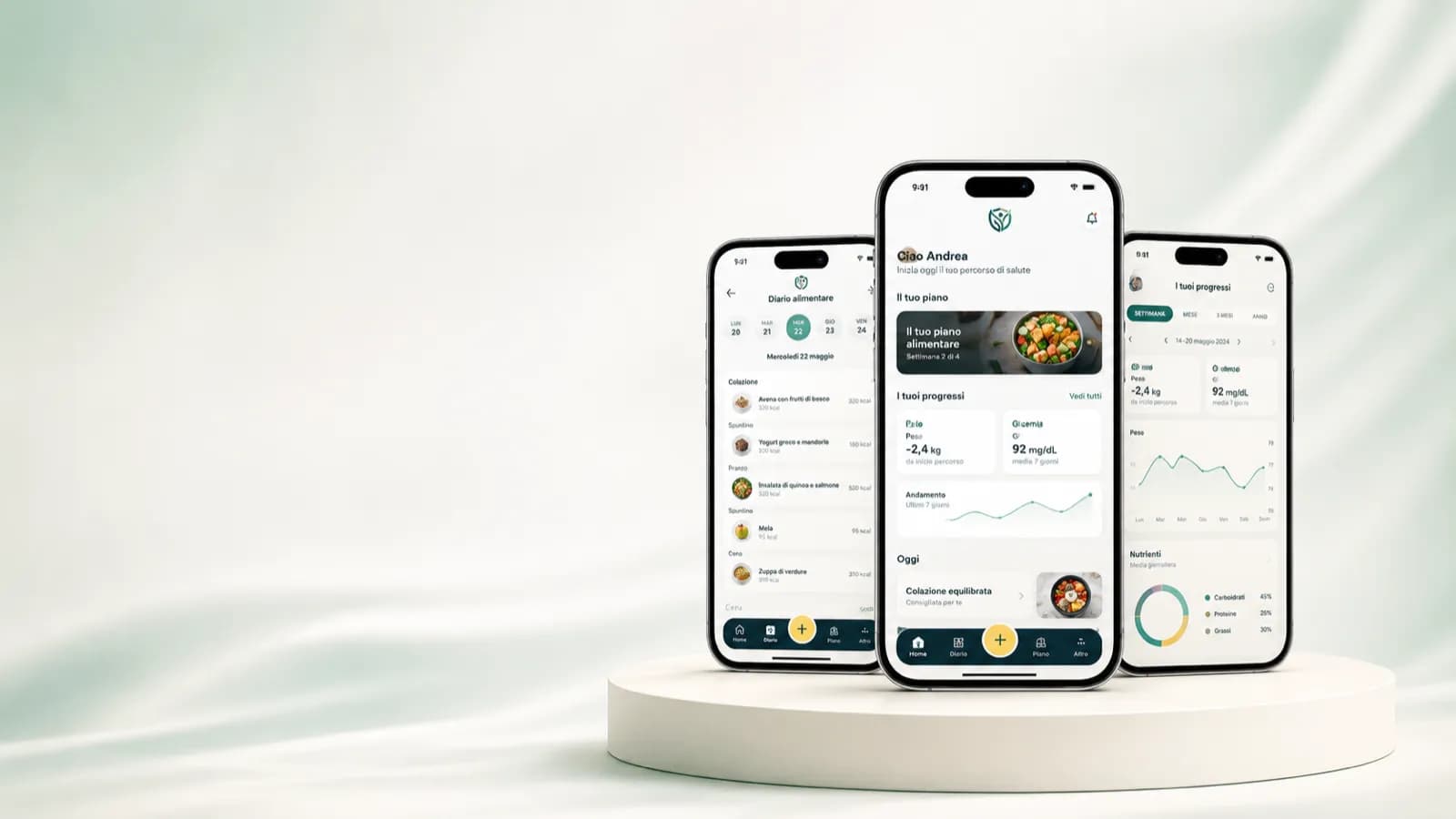 Tre smartphone con schermate Salus per diario, progressi e nutrizione